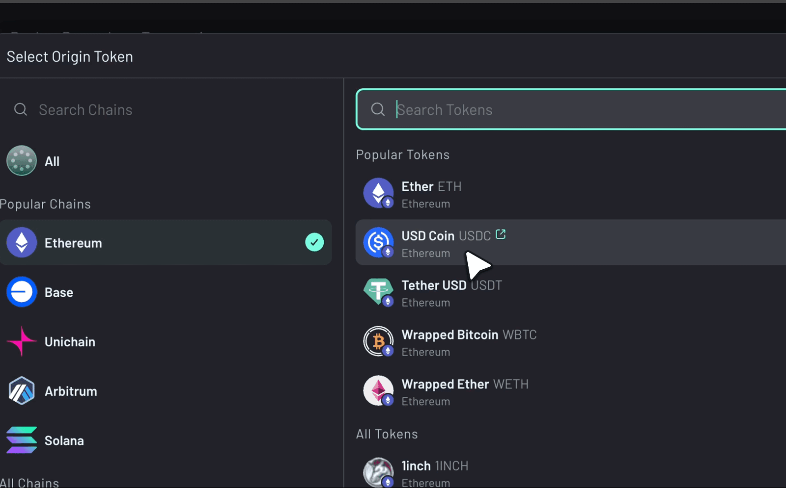 bridge-to-hyperliquid-for-free-with-across-protocol-step-3 Step 3: Select USDC and your origin chain.